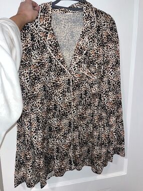 aerie Leopard Print Long Sleeve Pajama Top - Black, Brown, Cream